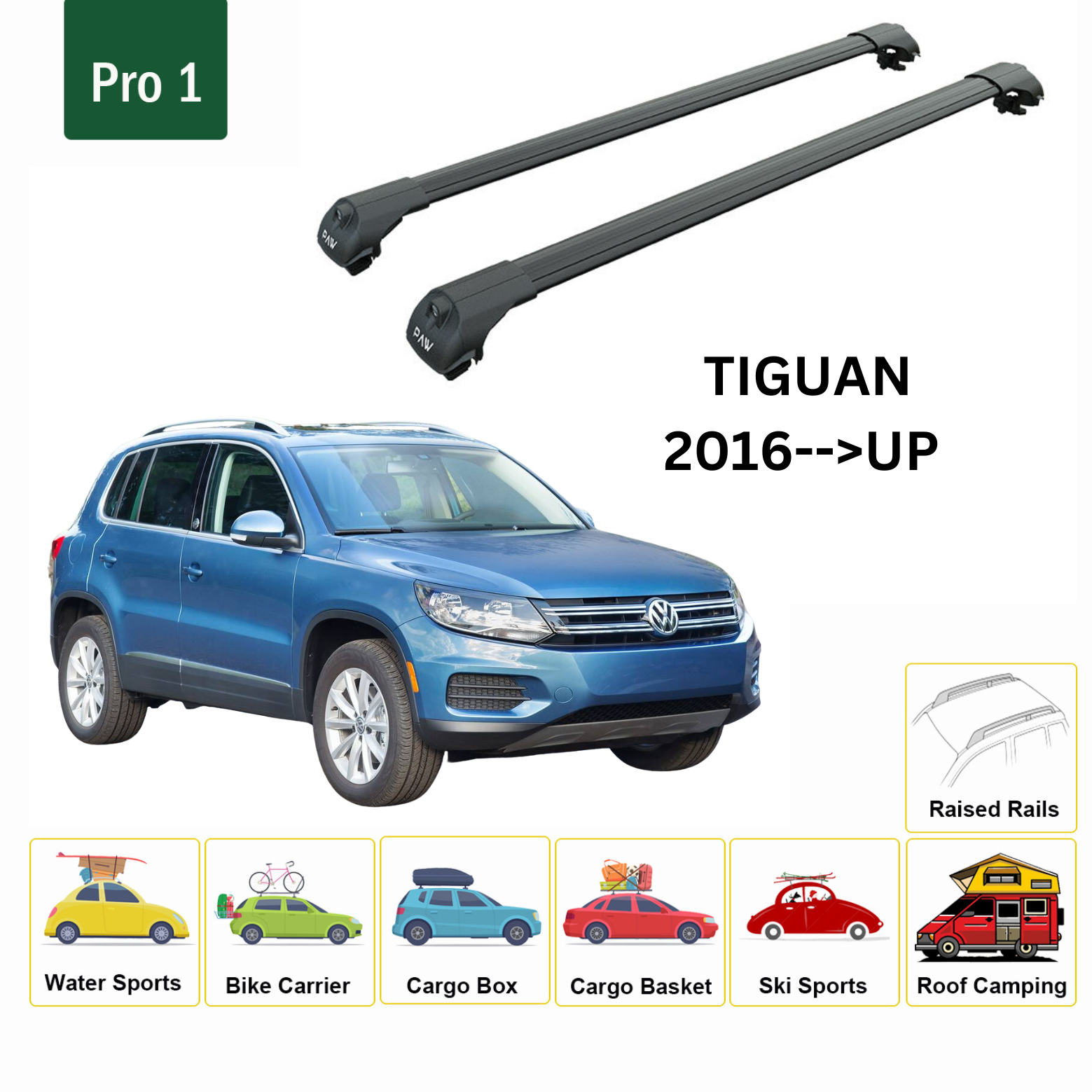 For Volkswagen Tiguan 2016--> Roof Rack System, Aluminium Cross Bar, Metal Bracket, Raised Rail, Black For Volkswagen Tiguan 2016--> Roof Rack System, Aluminium Cross Bar, Metal Bracket, Raised Rail, Black